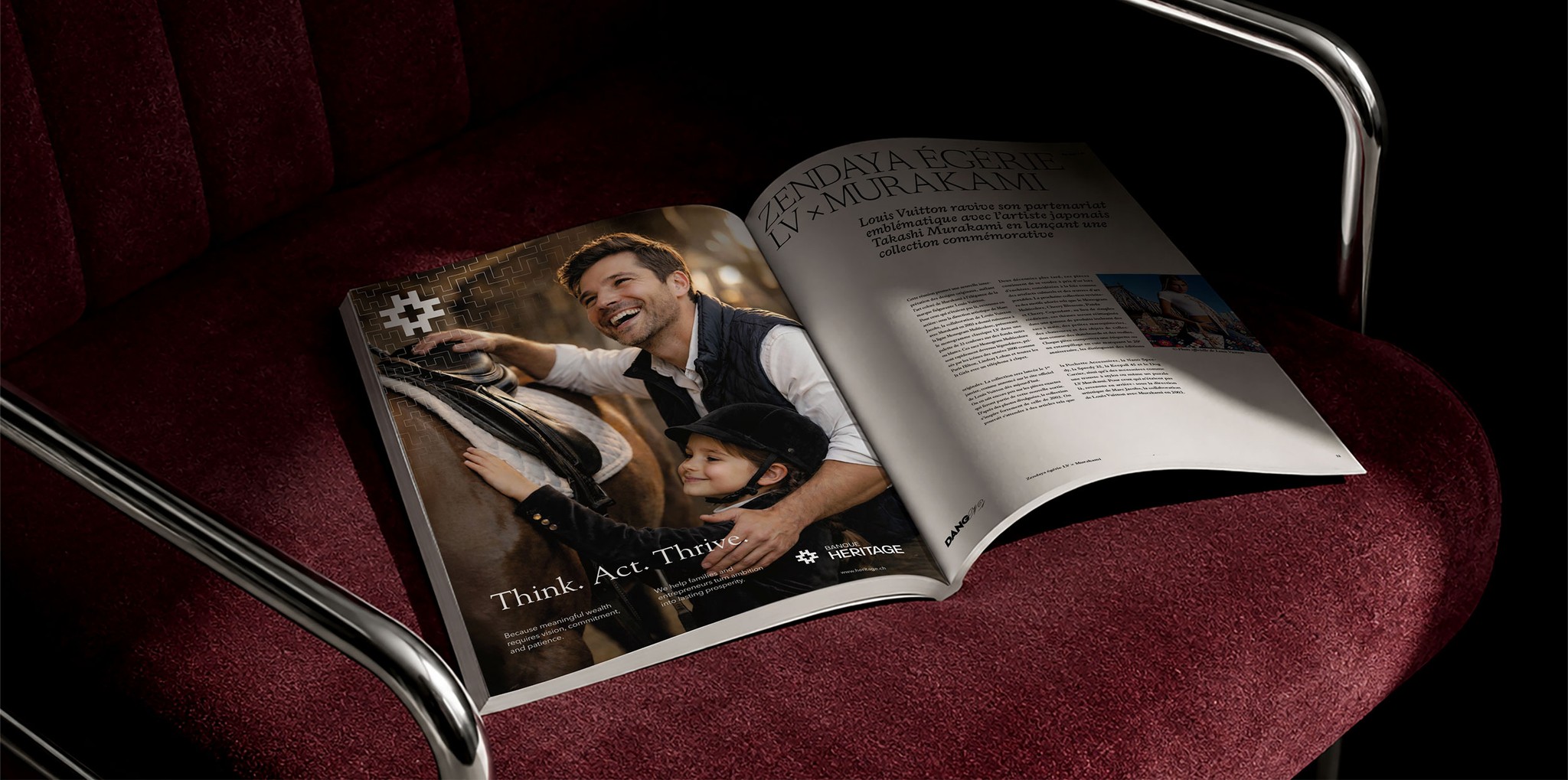 Open Banque Heritage magazine resting on a burgundy velvet chair