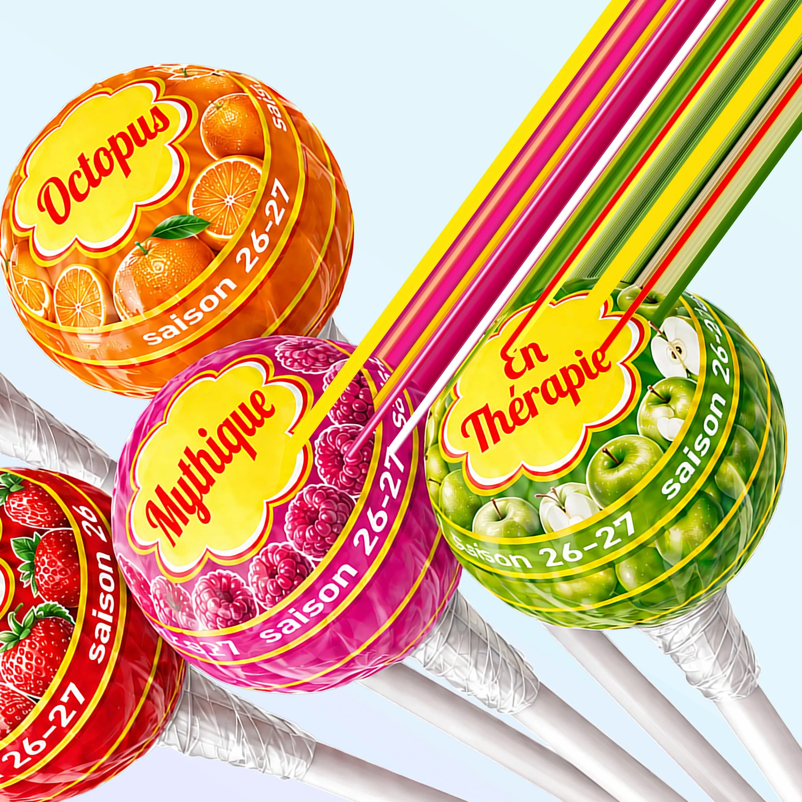 Four theatre-season lollipops, their wrappers printed Octopus, Mythique and En Thérapie